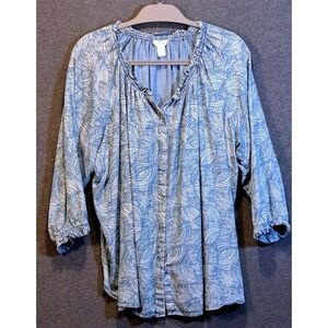 Intro Women 1X Blue White Abstract Wave Print Lyocell 3/4 Sleeve Blouse 344000R1